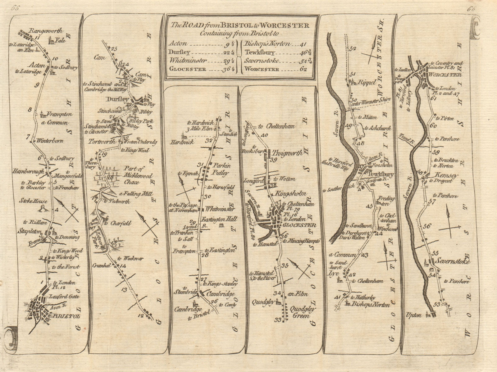 Bristol Dursley Gloucester Tewkesbury Kempsey Worcester. KITCHIN road map 1767